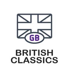 the british classic logo is shown in black and white, with an english flag on it