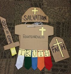 a paper bag with the words truth and salvation written on it next to other items