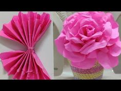 two pictures of pink paper flowers in a vase and one is made out of tissue