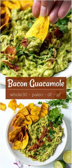 guacamole with bacon and avocado in a white bowl