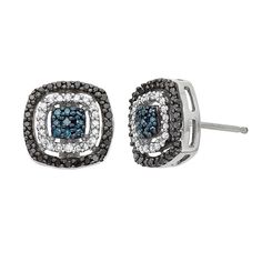 Catch every eye with these sterling silver studs. Halos of black and white diamonds frame the clustered blue diamonds at the center of each earring.Earring Details:Diameter: 9.95 mmBackings: postMetal: black, blue & white rhodium-plated sterling silverDiamond Details:Total weight: 1/3 ct.Cut: roundColor: black, blue, whiteColor grade: I-JClarity: I2-I3Setting: prongImage(s) may be enlarged to show detail.Diamond weights are approximate. Diamond total weights may vary between .01 and .08 ct. Silver Cluster Earrings With Diamond Accents, Black Diamond Earrings For Anniversary, Anniversary Black Diamond Earrings, White Gold Earrings With Black Diamonds, Anniversary White Gold Earrings With Black Diamonds, Silver Cluster Earrings With Pave Setting, Fine Jewelry Black Diamond Earrings, Sterling Silver Diamond Earrings, Silver Diamond Earrings