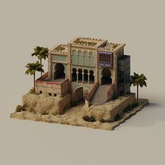 a model of an old building with stairs and palm trees on the top of it