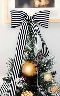 a small christmas tree decorated with black and white ribbon, gold baubles and ornaments