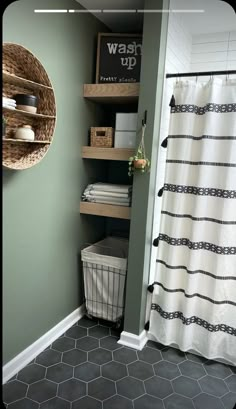 the bathroom is clean and ready to be used as a storage area for toiletries