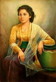 a painting of a woman sitting next to a pot