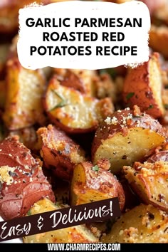 garlic parmesan roasted red potatoes recipe on a white plate with text overlay