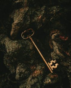 an old key is laying on some rocks