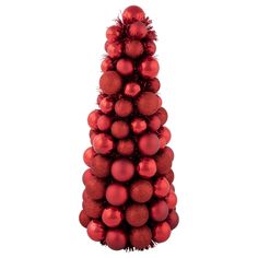 a christmas tree made out of red balls and tinsels on a white background