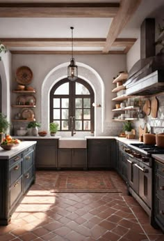 a kitchen filled with lots of counter top space next to an arched window and potted plants