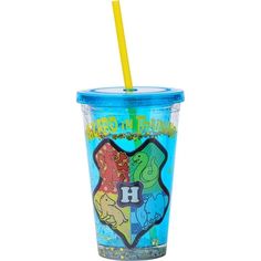 a plastic cup with a straw in the shape of a heart and cartoon characters on it