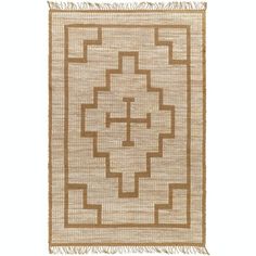 a beige rug with an intricate design on the bottom and fringes in the middle