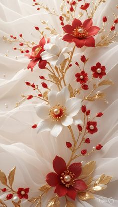 red and white flowers with gold leaves on the side of a wedding dress, as if it were made out of paper