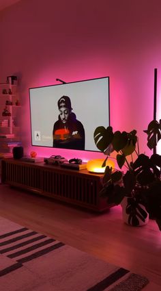 a flat screen tv sitting on top of a wooden shelf next to a potted plant