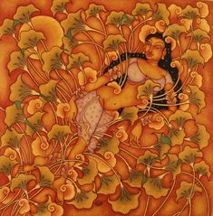 an image of a painting with flowers and leaves on the bottom, in orange tones