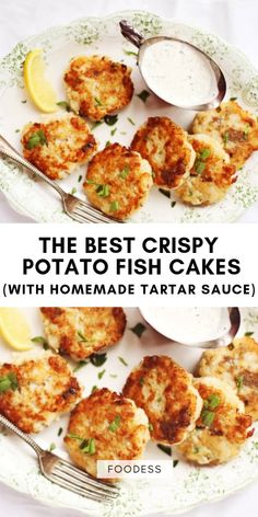 the best crispy potato fish cakes with homemade tartar sauce on a white plate