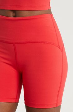 Sleek and stretchy fabric makes these bike shorts motion-friendly must-haves for the studio and beyond. 5" inseam; 16" leg opening; 12" front rise; 13" back rise (size Medium) Pull-on style 75% polyester, 25% elastane Machine wash, tumble dry Made in the USA of imported fabric Sporty Red Biker Shorts With Built-in Shorts, Compressive Mid-thigh Athleisure Leggings, Athleisure Sports Leggings, Red Fitted Activewear With Built-in Shorts, Compressive Mid-thigh Length Athleisure Leggings, Athleisure Mid-thigh Length Sports Leggings, Red Micro-elastic Yoga Pants For Workout, Stretch Red Yoga Shorts, Stretch Red Shorts For Yoga