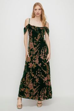 Style: Maxi DressFabric: DevoreLength: MaxiNeckline: CowlSleeve Length: Strappy Bohemian Style Living, Cowl Neck Maxi Dress, Dark Floral Dress, Semi Formal Outfits, Dresses Petite, Black Floral Maxi Dress, Cold Shoulder Maxi Dress, Maxi Dress Collection, Oasis Dress