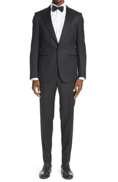 Free shipping and returns on Micronsphere Wool Tuxedo at Nordstrom.com. A classic twill texture delivers understated elegance on this slim-cut tuxedo crafted from pure wool and framed with sharp peaked lapels. Classic Notch Lapel Tuxedo For Formal Occasions, Formal Tuxedo Suit With Hidden Button Closure, Tuxedo With Welt Pockets And Suit Collar, Business Tuxedo With Welt Pockets, Tailored Tuxedo With Notch Lapel, Tailored Tuxedo With Hidden Button Closure For Black-tie Events, Tailored Notch Lapel Tuxedo, Classic Single-breasted Tuxedo For Black Tie, Elegant Tuxedo With Single Button And Notch Lapel