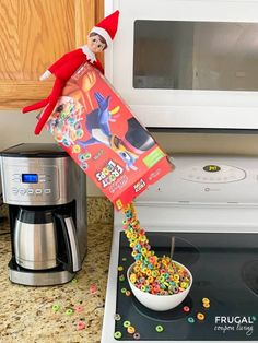 an elf is pouring cereal into a bowl in front of a microwave and toaster