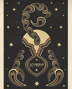 the zodiac sign for scorpi on a black background with stars and crescents