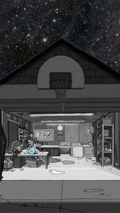 a man standing in front of a basketball court under a night sky filled with stars