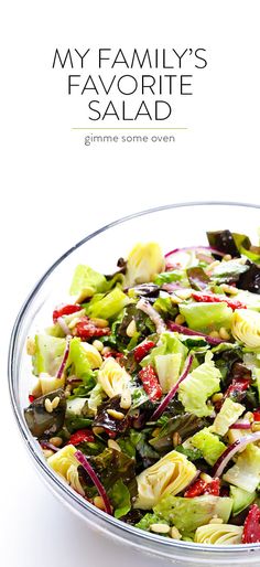 a salad in a glass bowl on a white background with the words, my family's favorite salad