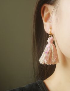 Pink ribbons tassel Gold hoop clip on earrings, metal is gold plated over brass. Details :- **Pink ribbons tassel length is approx 47mm. Pls note each tassel is handmade, so the size, shape and pattern will be a bit different. **Metal hoop clip on size is 11mm(inner diameter) and 13mm(outer diameter). **Earrings length is 65mm. **Weight is approx 1.35g (2.7g per pair). ♥ ♥ Hoop clip on - are comfortable to wear and will not drop off easily, and they look like pierced ear earrings. ♥ ♥ These earr Non Pierced Earrings, Pierced Ear, Ear Earrings, Earrings Metal, Earrings Boho, Fringe Earrings, Pierced Earrings, Earrings Dangle, Gold Hoop