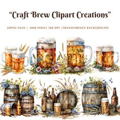 watercolor beer mugs and barrels with flowers, plants and wheat for crafting