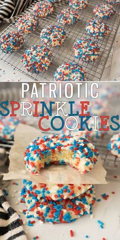 patriotic sprinkle cookies are stacked on top of each other and ready to be eaten