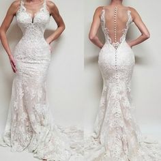 two photos of a woman wearing a wedding dress with an open back and lace detailing