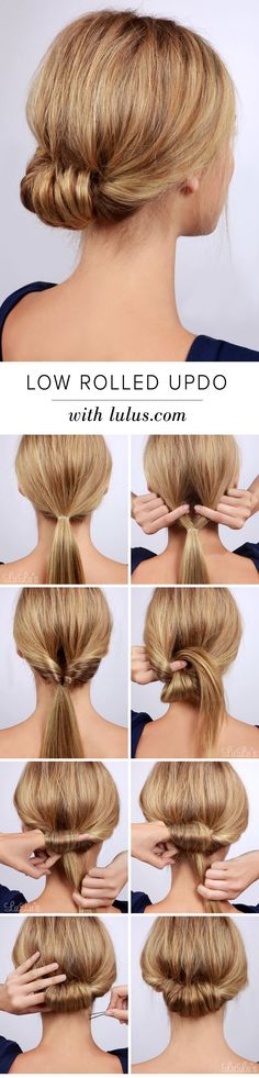 Need to get party-ready in a pinch? Or maybe you're in need of a new look for that upcoming dinner party? Our Low Rolled Updo is just the thing! Low Rolled Updo, Easy Updo, Peinados Recogidos, Work Hairstyles, Penteado Cabelo Curto, Hair Wraps, Hair Updo, Hair Tutorials