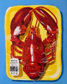 a painting of a lobster on a yellow and blue background