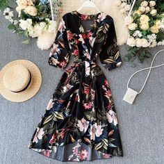 Long Sleeve Floral Midi Dress, Vintage Black Dress, Slim Dresses, Maxi Wrap Dress, Floral Midi Dress, Bandage Dress, Elegant Dress, Red Floral, Dress Materials