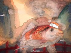 a painting of a fish with a hat on it's head