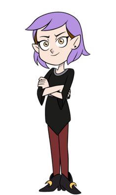 a cartoon character with purple hair and glasses standing in front of a white background,