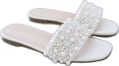 Ivory Satin Slip on Sandals with Perla Applique - 7.5