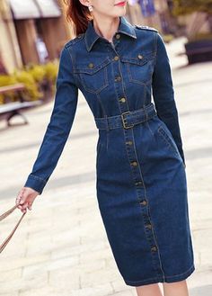 Long Sleeve Button Up Turndown Collar Denim Dress Cowboy Office, Denim Dress Winter, Jean Dress Outfits, Denim Fashion Outfits, Denim Bodycon Dress, Blue Denim Dress, Womens Denim Dress, Denim Wear, Denim Shirt Dress