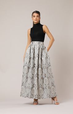 Formal Skirt, Jacquard Skirt, High Waist Skirt, Maxi Skirt, Skirt Women, Skirt With Pockets, Maid Of Honor, Party Skirt, Grey Skirt, Ball Skirt, Evening Skirt, Elegant Skirt, Skirt With Pleats, Bridesmaid Skirt, Pleated Skirt, Wedding Guest, Party Wear, Mother Of The Bride, Civil Wedding. The skirt is like a dream in vintage gorgeous fabric- grey with silver- beige pattern. The rich, intricate baroque pattern whispers of timeless sophistication, transforming each movement into a graceful dance o Luxury Tiered Skirt For Formal Occasions, Luxury Silver Formal Skirt, Luxury Silver Evening Skirt, Luxury Elegant Skirt With Long Train, Luxury Full Skirt For Gala Events, Luxury Evening Skirt With Crystal Embellishments, Luxury Full-length Evening Skirt, Luxury Floor-length Party Skirt, Modest Formal Skirts