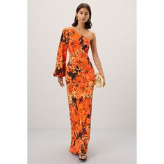 Orange Floral (100% Silk Crepe). Gowns. One Shoulder. Long Sleeve. Back zipper closure. Imported. Shona Joy, Guest Attire, Gold Statement Earrings, Rent The Runway, Guest Dress, Closet Designs, Silk Crepe, Silk Dress, Wedding Guest Dress