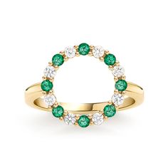 Rosecliff Circle Diamond & Emerald Ring in 14k Gold (May) Halo Diamond Ring For May Birthstone, Halo Design Diamond Ring For May Birthstone, Green Diamond Ring With Halo, May Birthstone Diamond Ring With Halo, May Birthstone Halo Diamond Ring, Green Cluster Ring With Halo, Emerald Ring With Halo For May Birthstone, Diamond Emerald Ring, Open Circle Ring