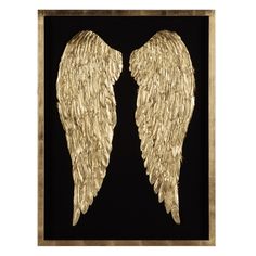 two gold angel wings in a black frame