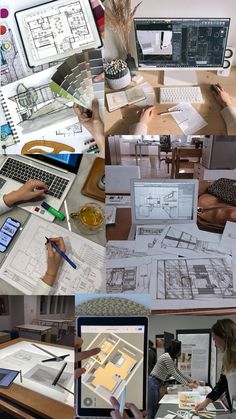 there are many pictures of people working on their laptops and desktop computers in this collage