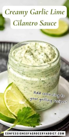 creamy garlic lime cilantro sauce on a white plate