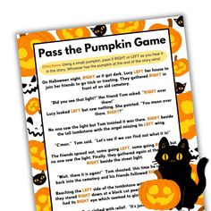 a halloween poem with black cats and pumpkins in the background that says pass the pumpkin game