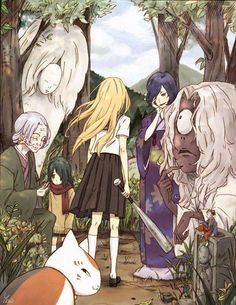 some anime characters standing in the woods with a dog and cat looking at something on the ground