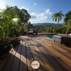 a wooden deck next to a swimming pool surrounded by greenery and potted plants