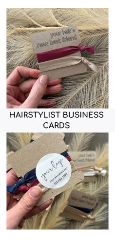 two different pictures with the words, hair stylist business cards and labels on them