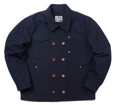 The Navy Blue Double Breasted Canvas Work Jacket is an instant classic. Handmade in small batches from heavy duty 12 ounce 100% cotton duck canvas, high stitch count, thick cotton wrapped thread and copper hardware all made in the U.S.A. Cut and sewn in house at the J.E. Landis workshop in Maryland on vintage industrial sewing machines dating from early to mid 20th century. Your Jacket features, ambidextrous double breasted front closure with brass grommet reinforced ring backed buttons handmade from 100 plus year old indian head pennies, a side loaded cell phone pocket on the left, hidden brass D.O.T. snap on the right flap pocket, heavy duty copper rivets at the stress points, and a hang tag for convenience. Available in sizes, 38, 40, 42, 44, 46. Fits true to size, but can be shrunk app Navy Cotton Sport Coat For Work, Navy Cotton Outerwear With Button Cuffs, Velvet Dinner Jacket, Industrial Sewing Machines, Canvas Work, Elegant Coats, Dinner Jacket, Industrial Sewing, Industrial Sewing Machine