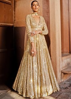 Beige Gold Embellished Georgette Anarkali With Sequinned Dupatta Prevasu - Fabilicious Fashion Golden Anarkali Suits, Golden Anarkali, V Neck Anarkali, Indian Wedding Dress Traditional, Anarkali With Dupatta, Lavish Wedding, Floor Length Anarkali, Georgette Anarkali, Long Anarkali