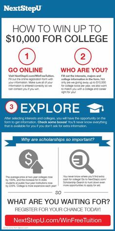 an info poster with the words, how to win up to $ 10, 000 for college